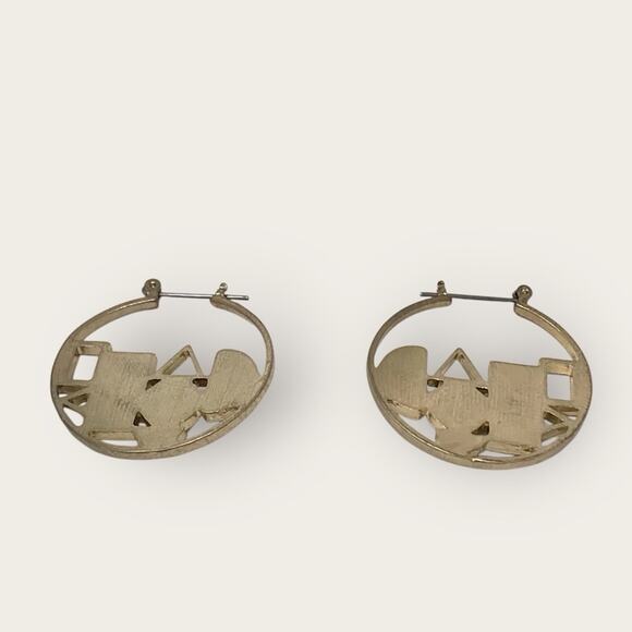 Art Deco Geometric Gold & Blue Green Hoop Earrings - Picture 3 of 3